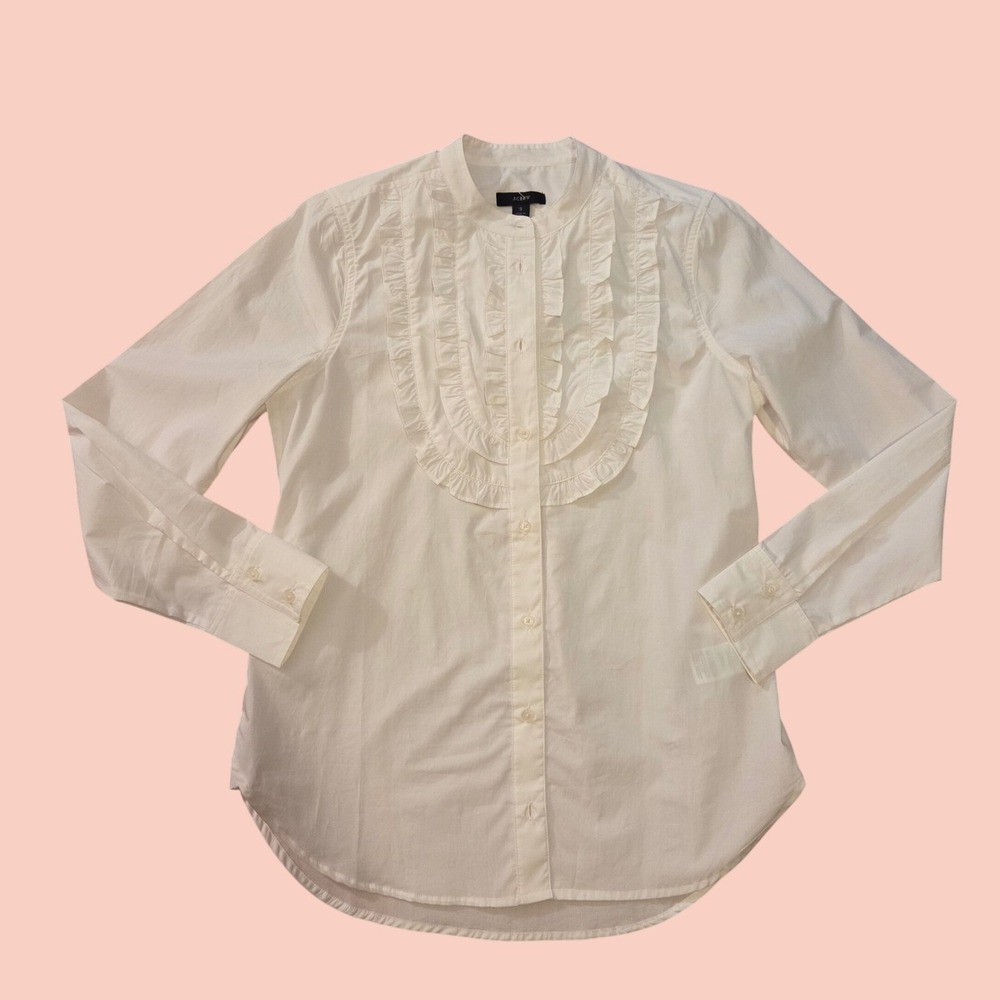J Crew White Banded Collar Ruffle Bib Cotton Shirt Feminine Classic NWOT Sz S